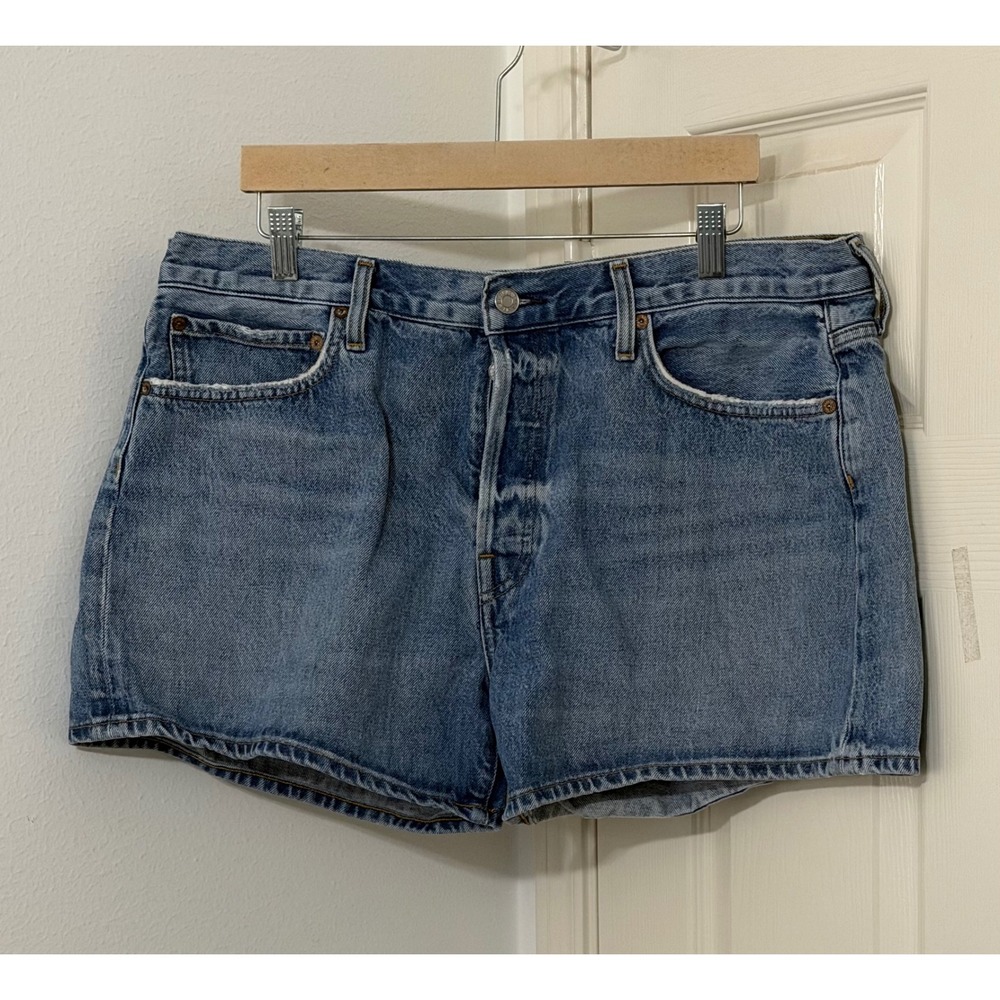 AGOLDE Parker Women's sz 33 Long High Rise Denim Shorts Medium Wash Blue Retro